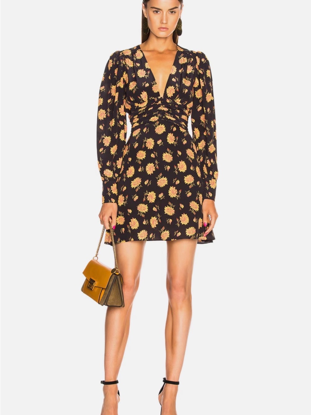Veronica Beard Black Mini Dress with Yellow Floral Print